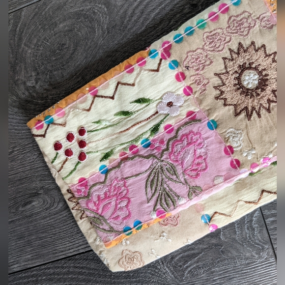 Boho Patchwork Embroidered Fabric Clutch Sequins Orange Pink Cream - Picture 2 of 6
